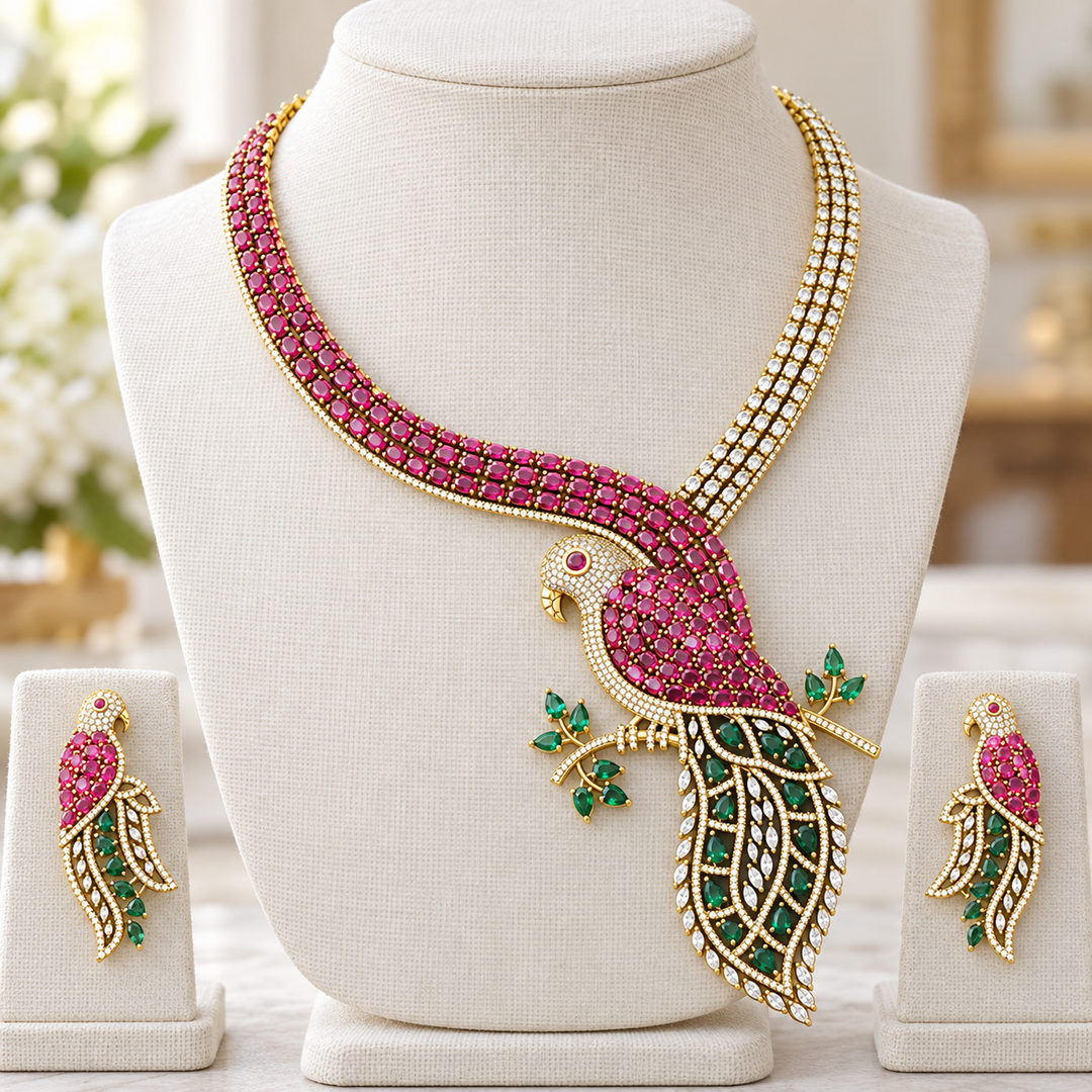 Exquisite Parrot Design AD Necklace Set for Festive Elegance
