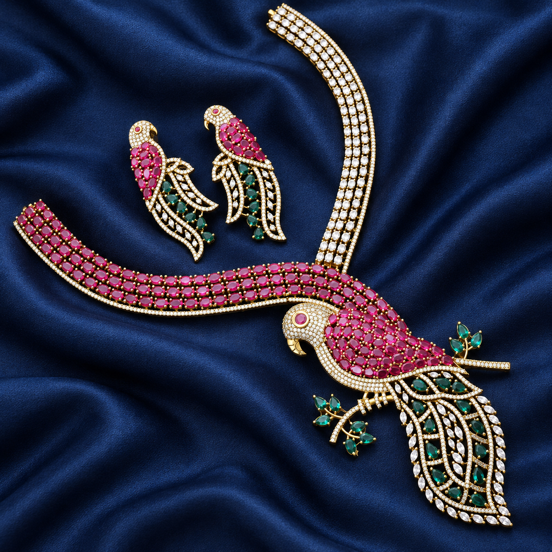 Exquisite Parrot Design AD Necklace Set for Festive Elegance