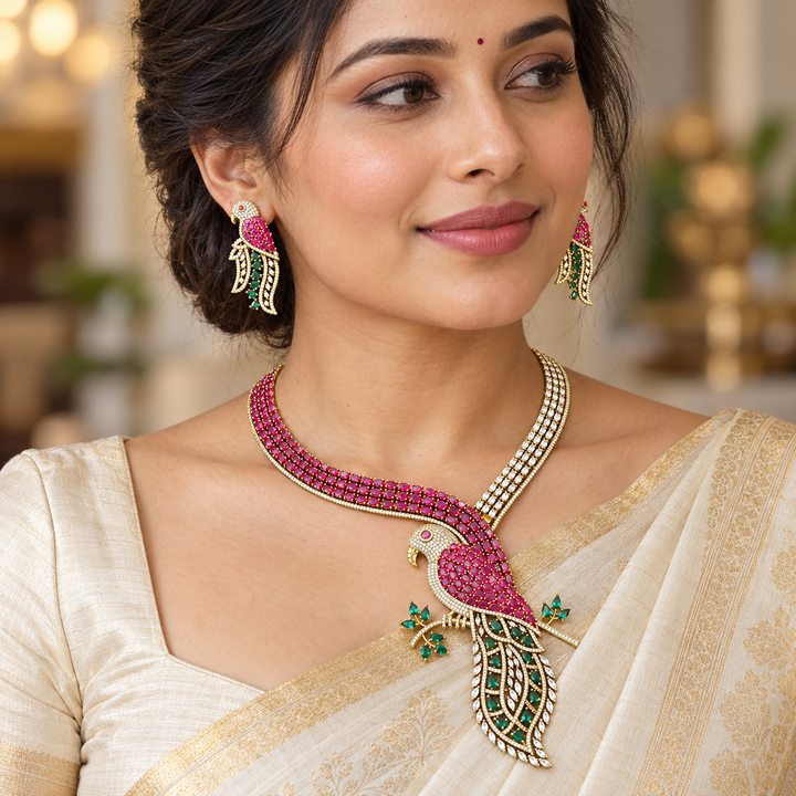 Exquisite Parrot Design AD Necklace Set for Festive Elegance