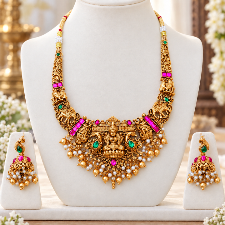 Temple Necklace Set in Gold & Pearl for Festive Elegance
