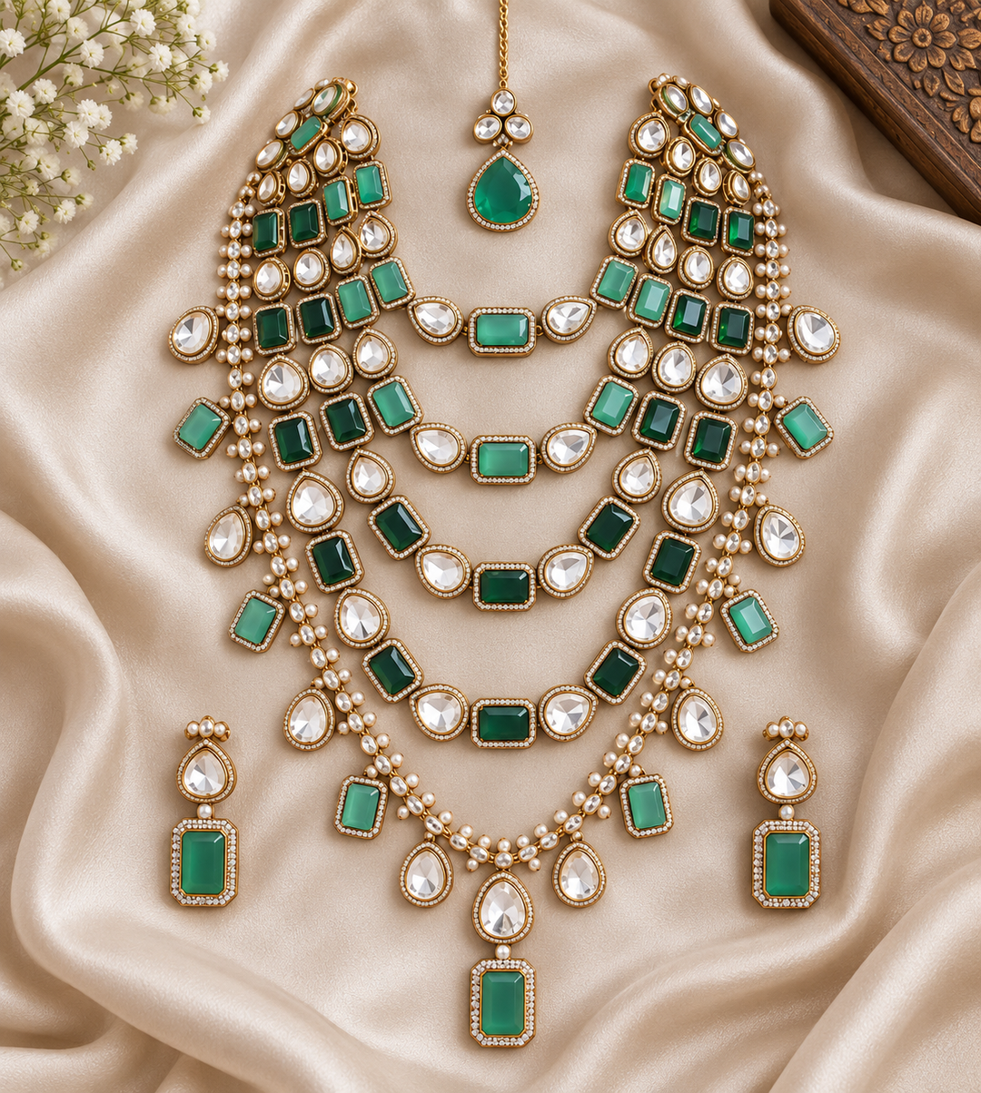 Victorian AD Rani Haram with Green Beads & Maang Tikka