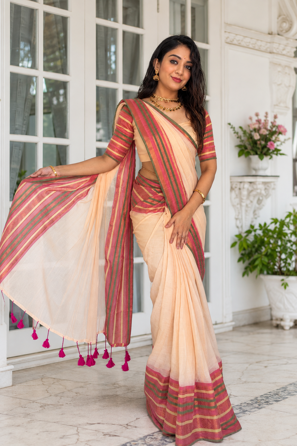 Elegant Mulmul Cotton Saree with Zari Border | Sparkle & Glow
