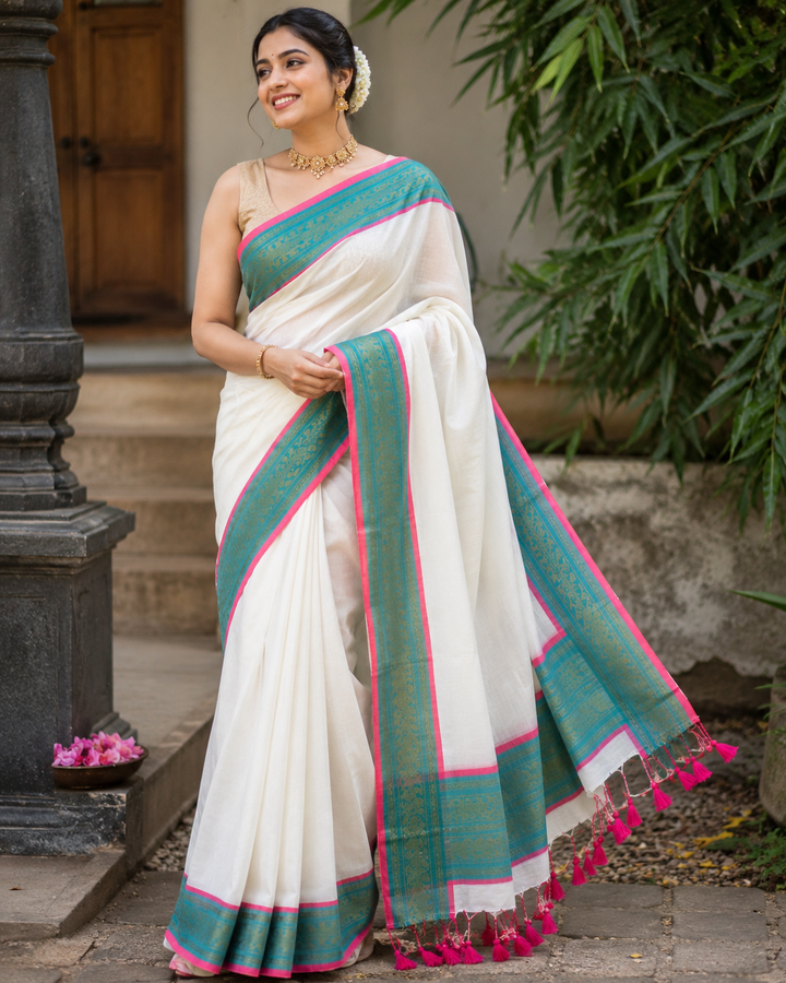 Elegant Kerala Saree with Zaree Border & Tassels