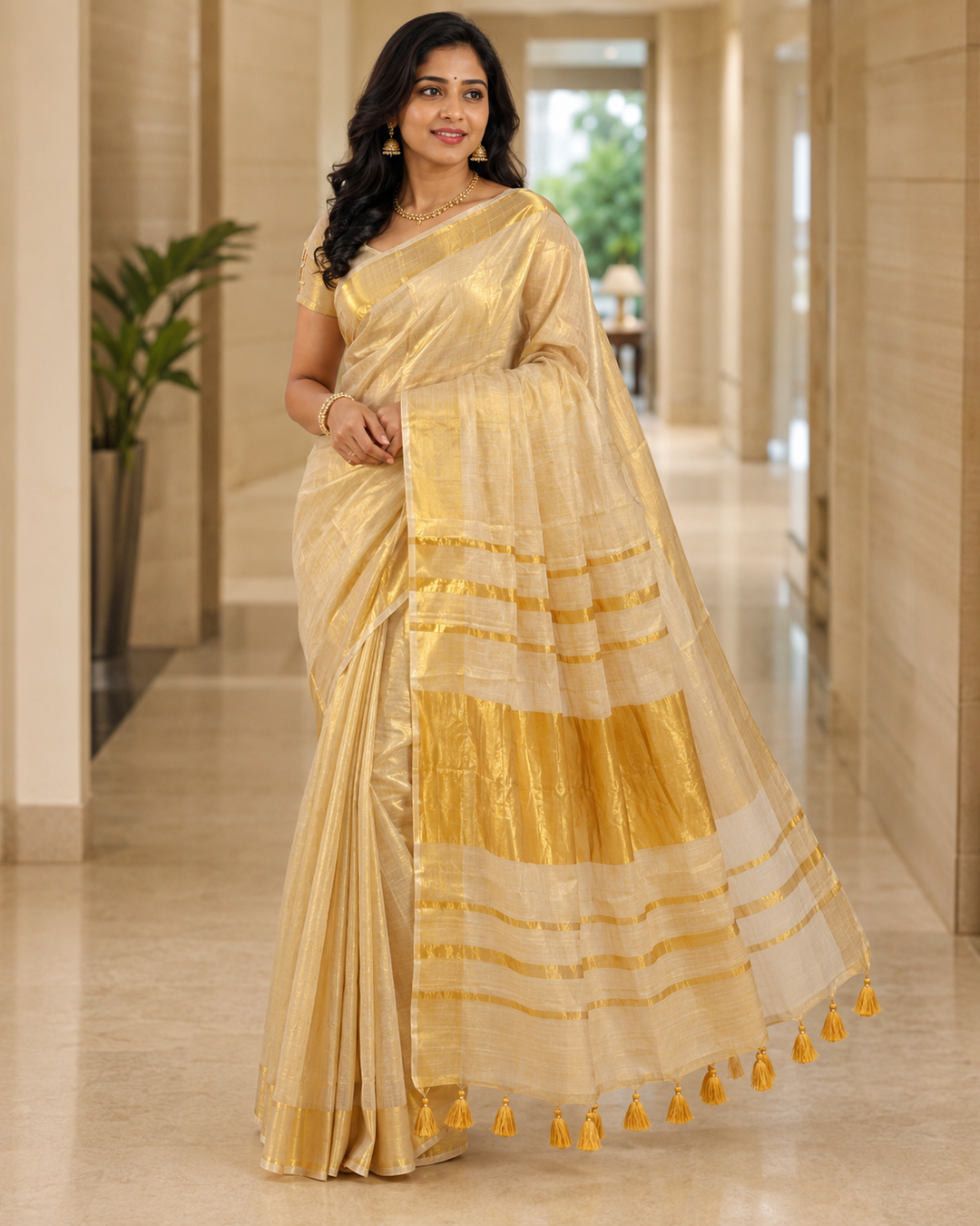 Elegant Kerala Metallic Mul Mul Cotton Saree
