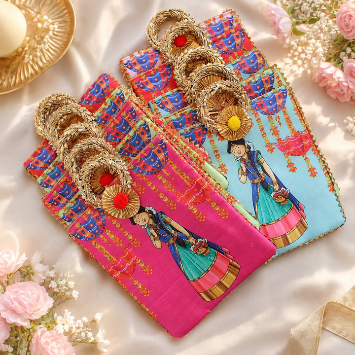 Indian Girl Print 8.5" Bag with Round Handle- Set of 10pcs