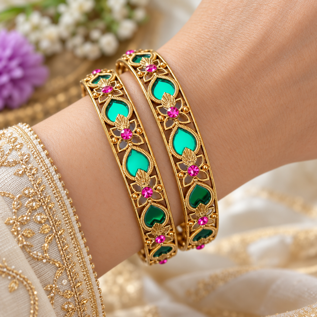 Elegant Gold-Toned Bangles with Gemstone Detailing