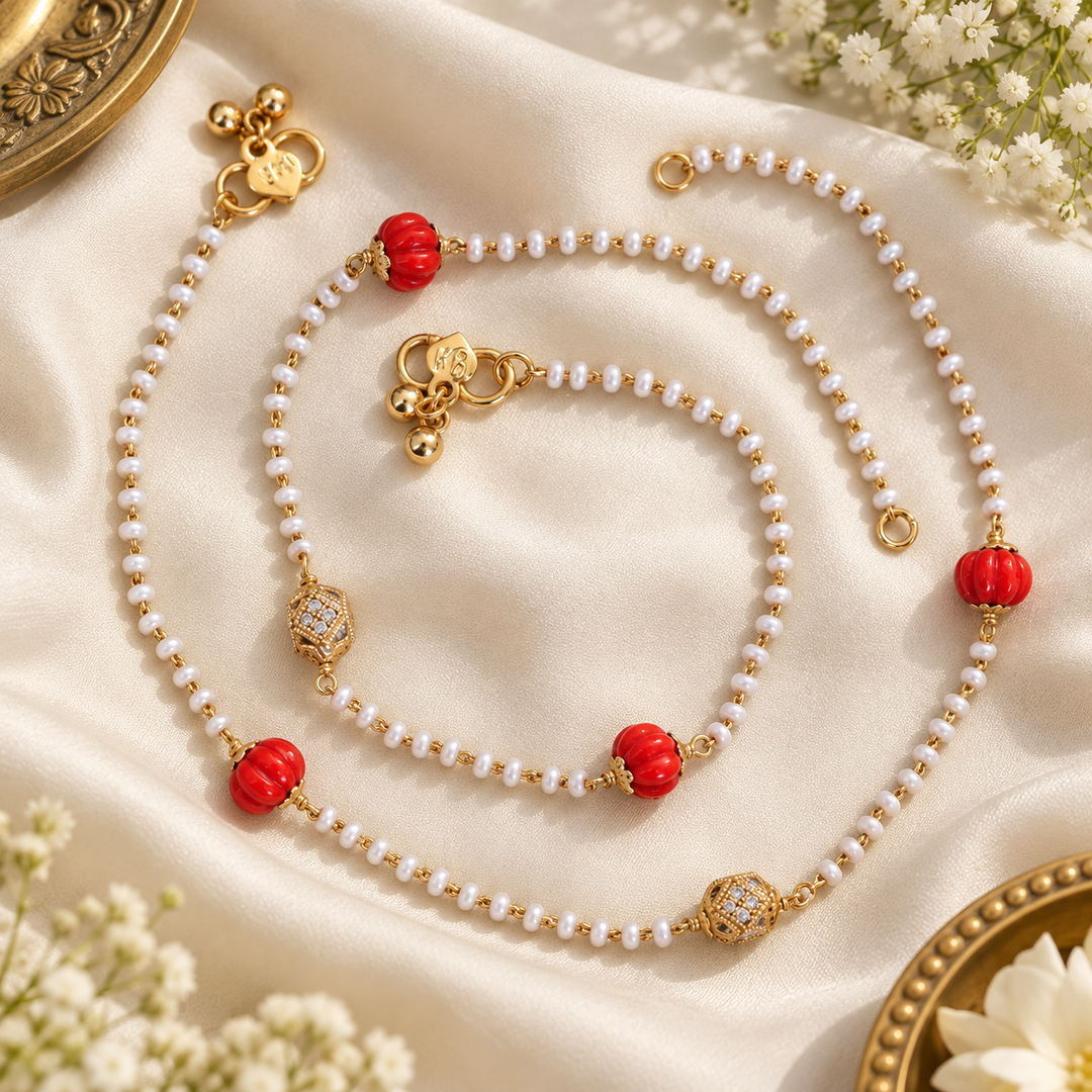 Radiant Pearl & Pumpkin Bead Anklet - Festive Elegance