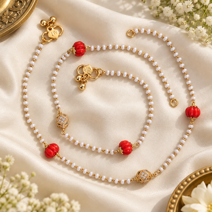 Radiant Pearl & Pumpkin Bead Anklet - Festive Elegance