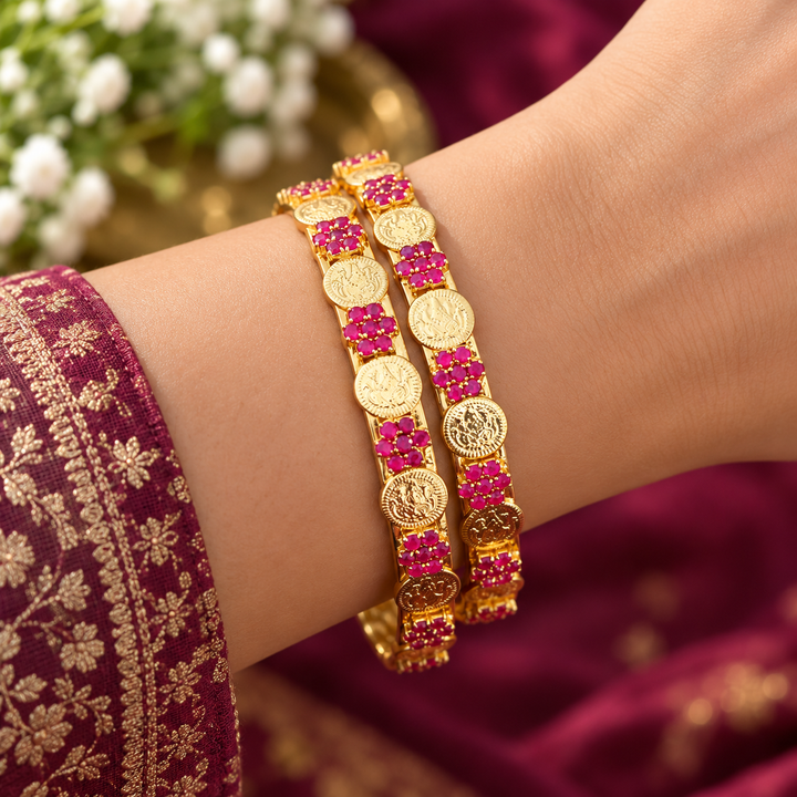 Exquisite Gold Bangles with Pink Stones for Festive Elegance