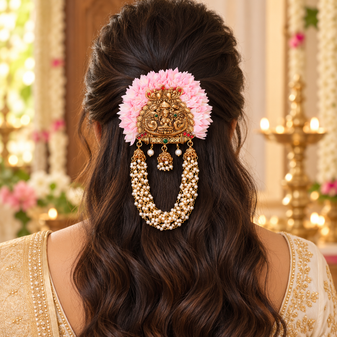 Divine Gold Temple Hair Clip with Pearls & Floral Design