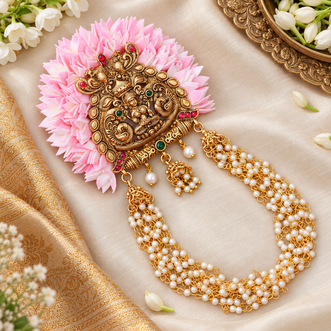 Divine Gold Temple Hair Clip with Pearls & Floral Design
