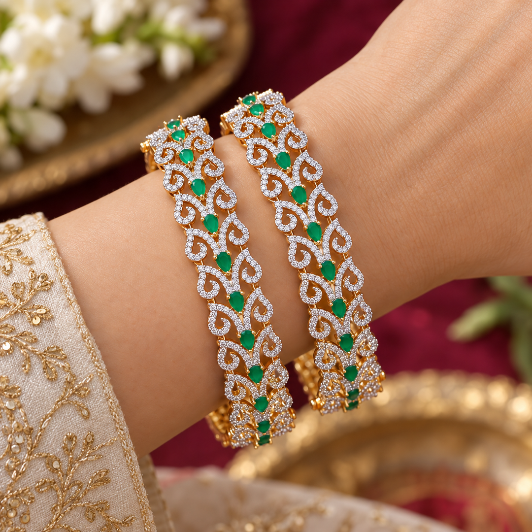 Exquisite Green Bangles with Elegant American Diamonds