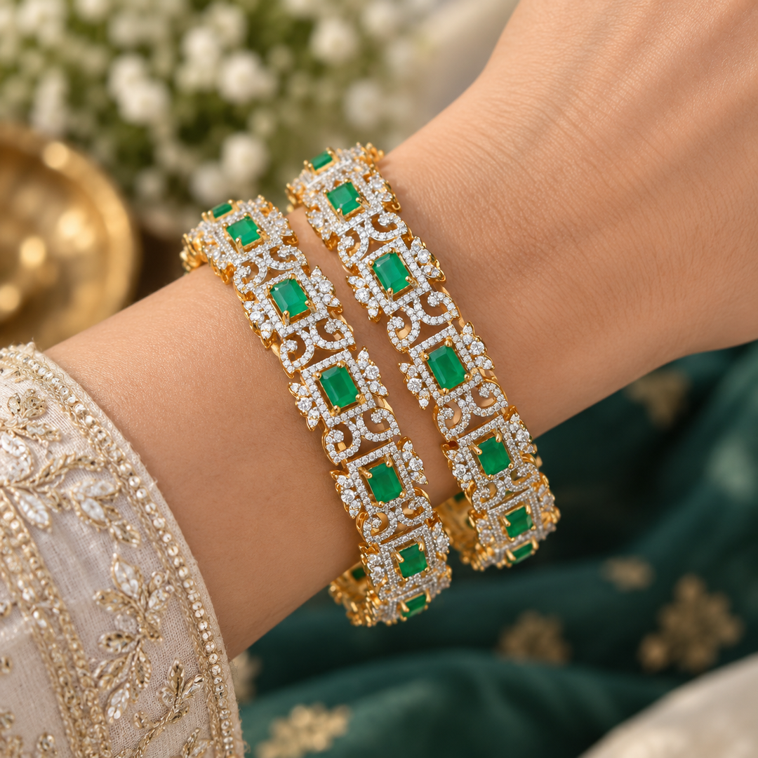 Elegant Green Stone Diamond Bangle for Wedding