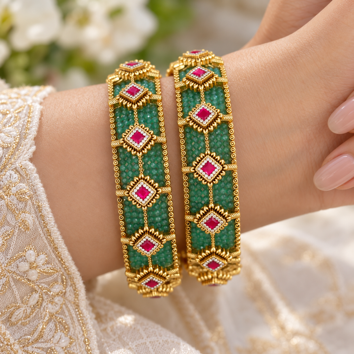 Elegant Gold Bangles with Green & Pink Gemstones