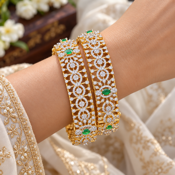 Exquisite American Diamond & Emerald Festive Bangles