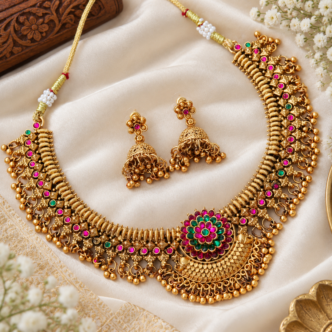 Elegant Gold Short Necklace for Weddings and Festive Celebrations