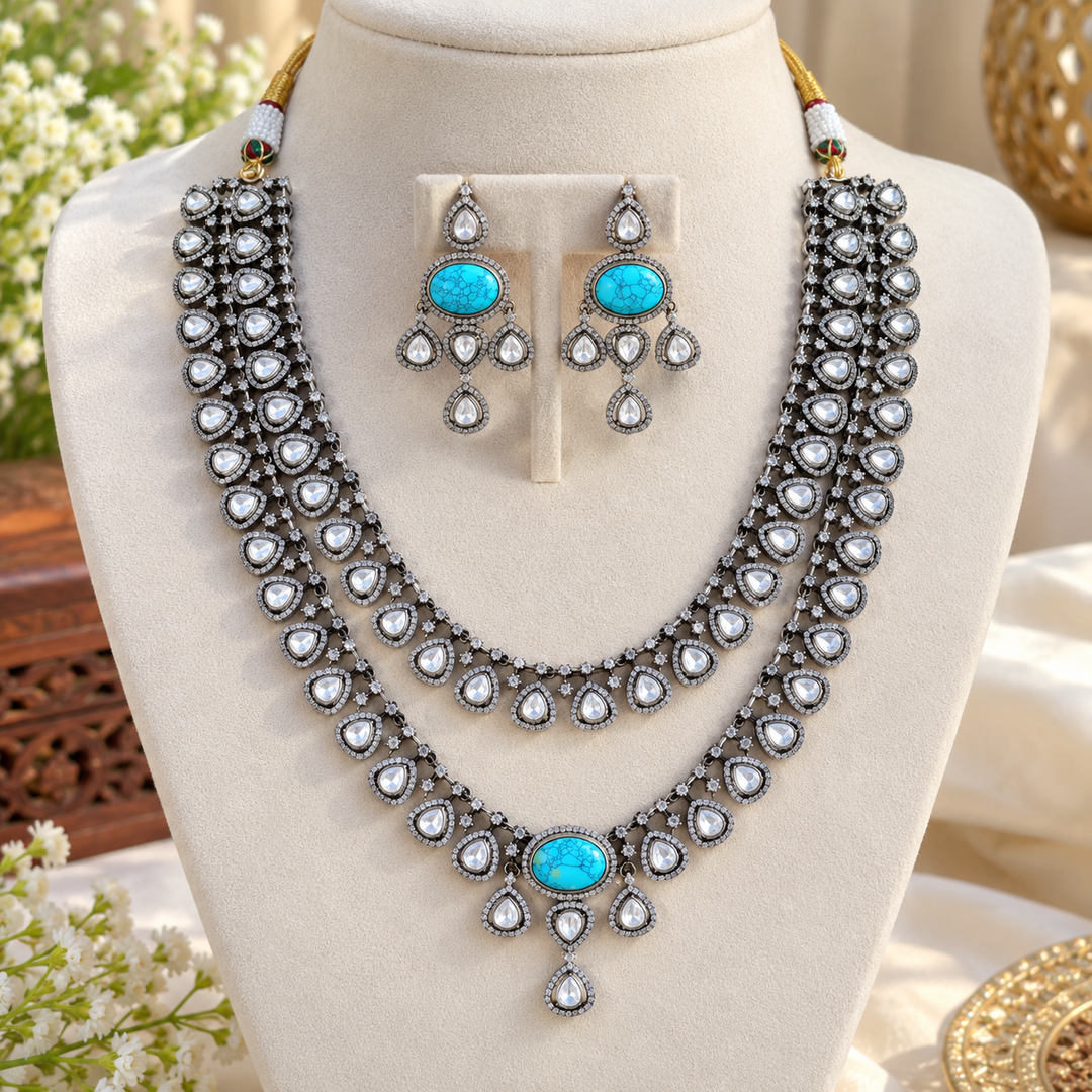 Sky Blue Kundan Victorian AD Layered Haram