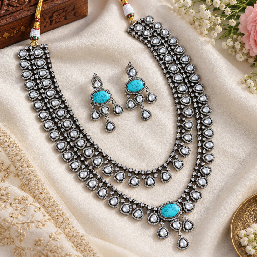 Sky Blue Kundan Victorian AD Layered Haram
