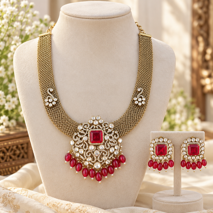 Victorian Floral Carved AD Kundan Necklace