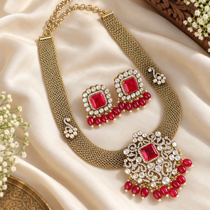 Victorian Floral Carved AD Kundan Necklace