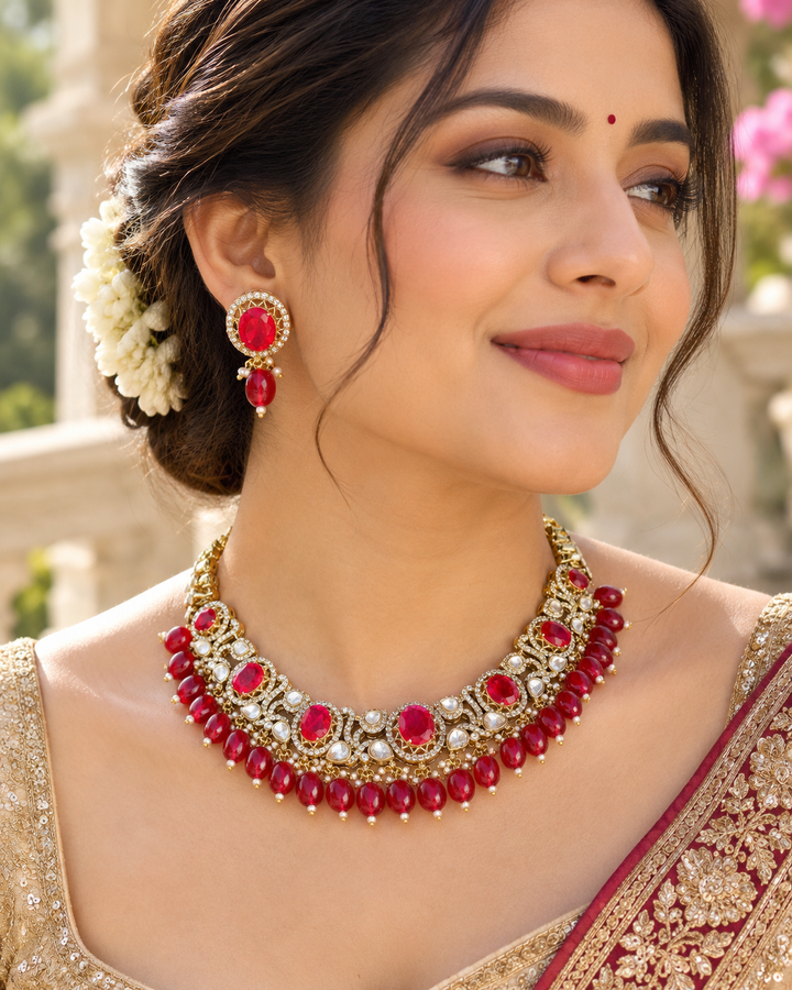 Victorian AD Kundan Leaf Stone Short Necklace