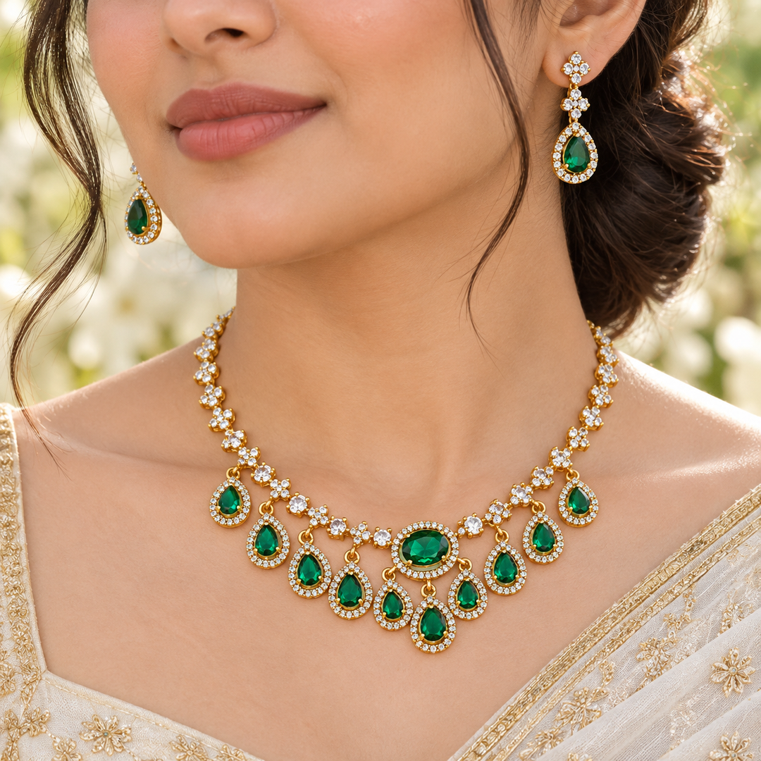 Exquisite American Diamond Emerald Necklace Set