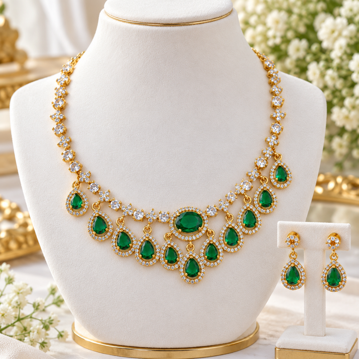 Exquisite American Diamond Emerald Necklace Set