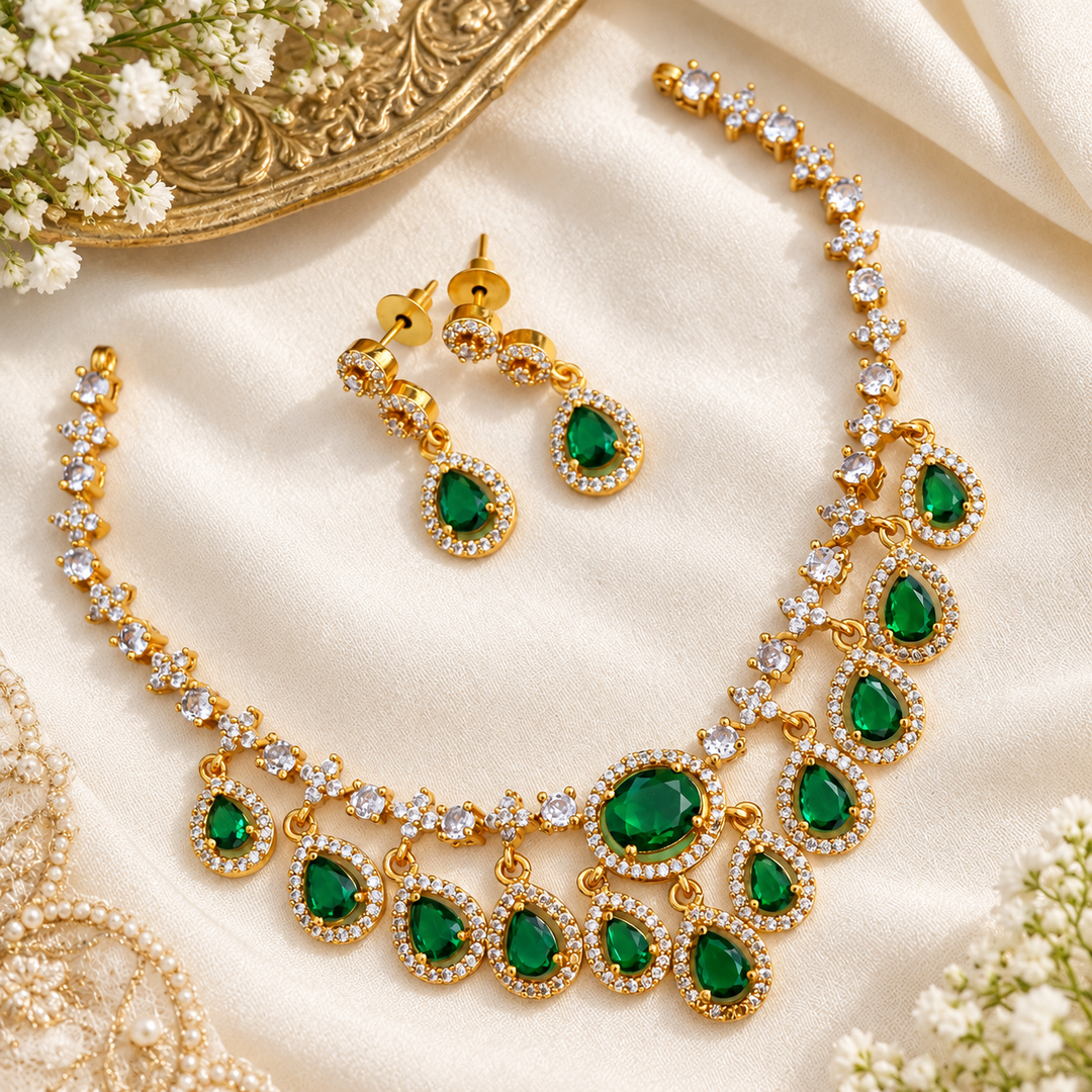 Exquisite American Diamond Emerald Necklace Set