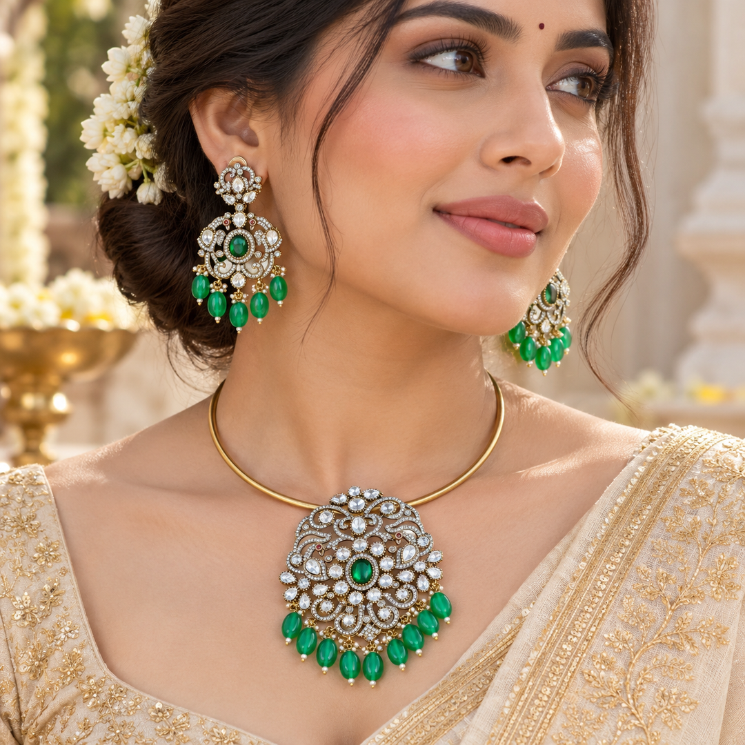 Victorian Floral Kundan Choker Necklace - Green