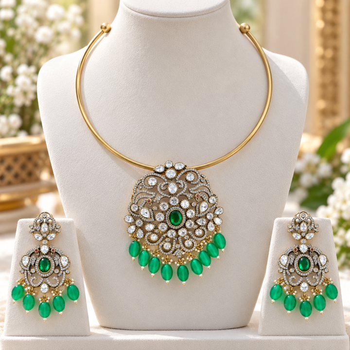 Victorian Floral Kundan Choker Necklace - Green