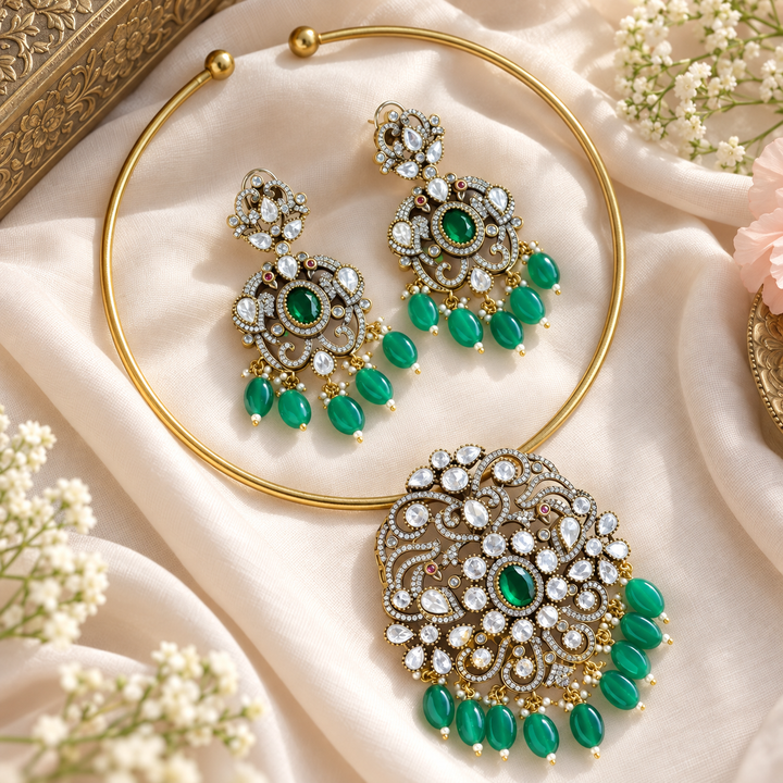 Victorian Floral Kundan Choker Necklace - Green