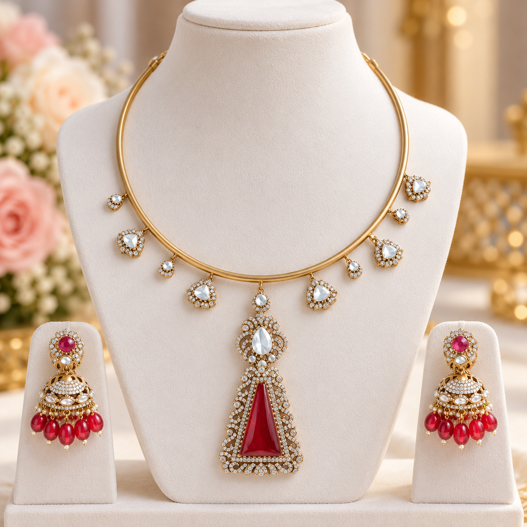 Red Kundan Polki Beaded Choker Necklace