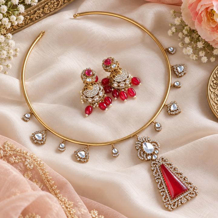 Red Kundan Polki Beaded Choker Necklace
