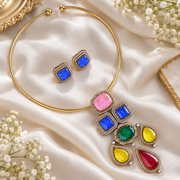 Navarathna Square Mango Pendant AD Choker