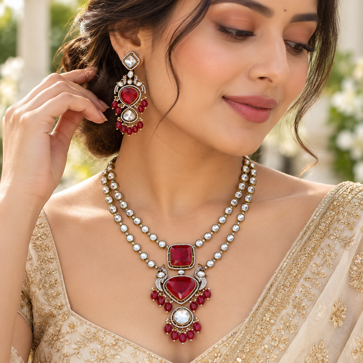 Red Victorian Kundan Necklace - Diamond Pendant