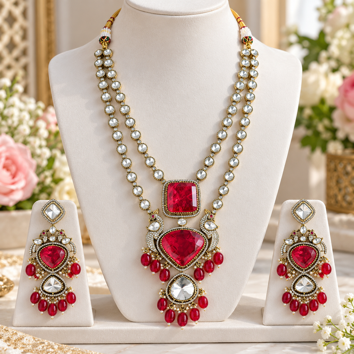Red Victorian Kundan Necklace - Diamond Pendant