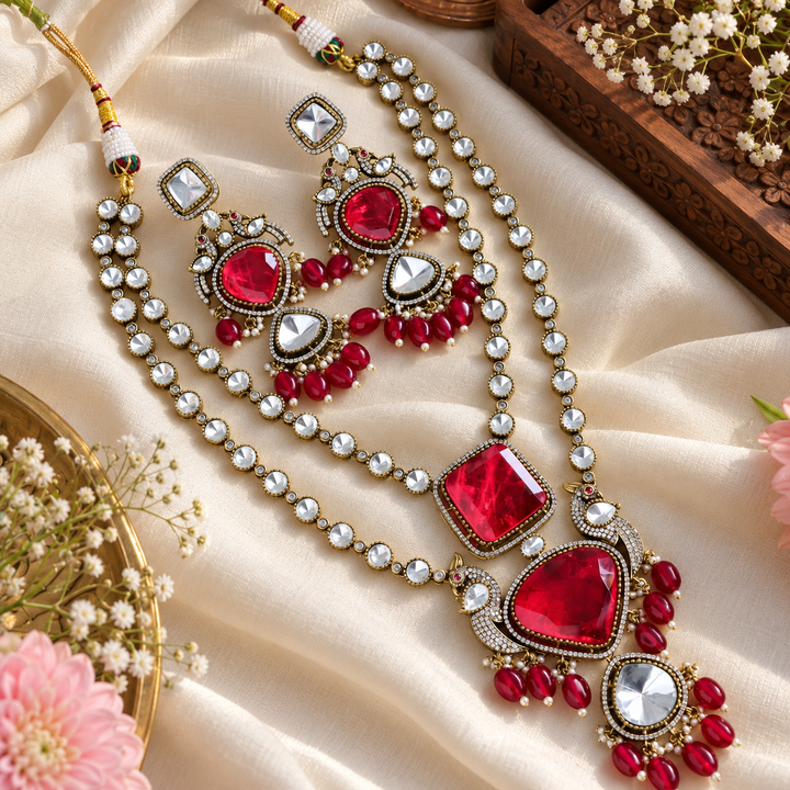 Red Victorian Kundan Necklace - Diamond Pendant