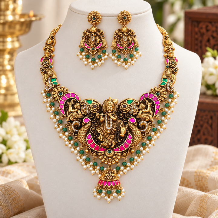 Exquisite Gold Temple Necklace Set for Celebrations
