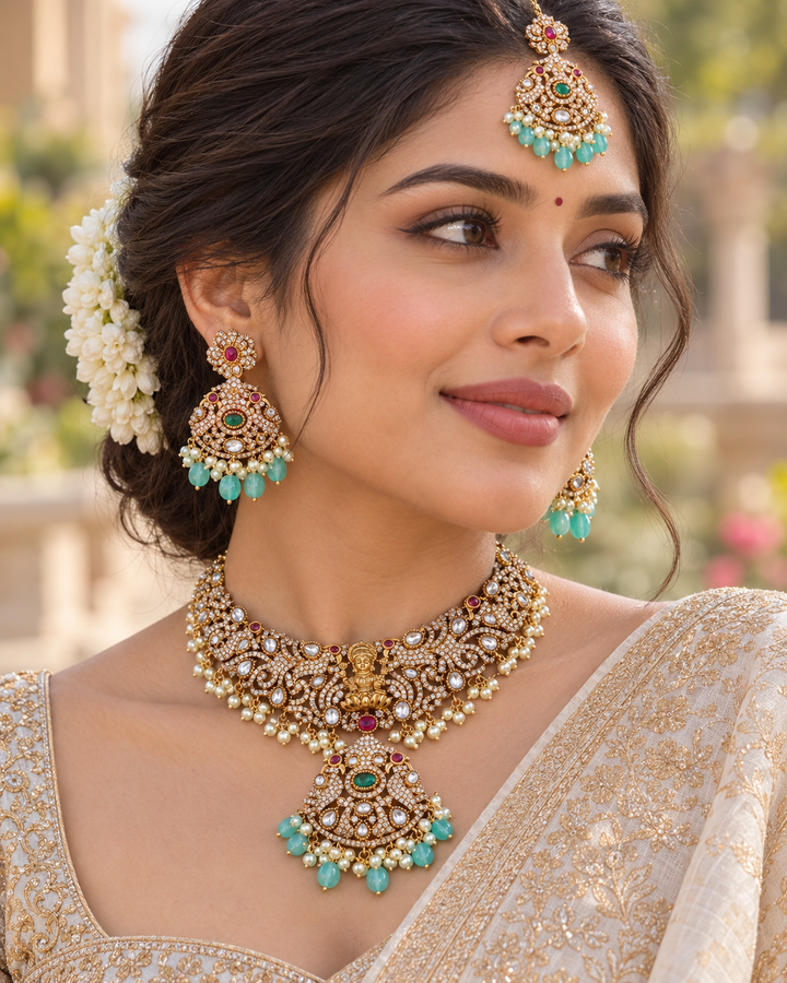 Victorian AD Necklace - Lakshmi & Mintgreen Beads