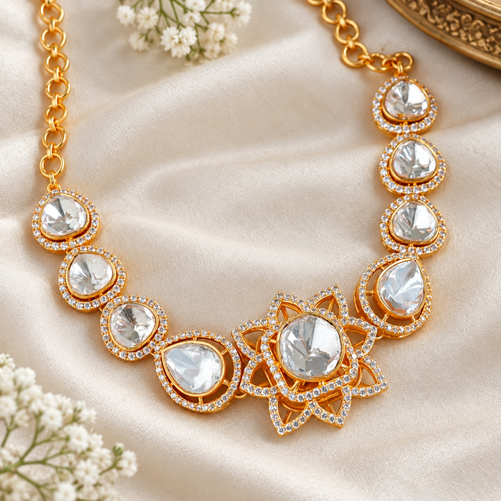 Gold-Plated Floral Kundan Short Necklace