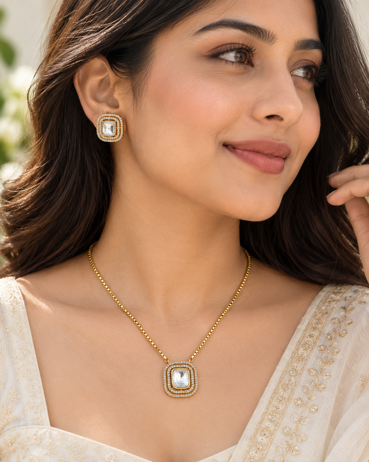 Victorian AD Long Chain with Square Stone Pendant