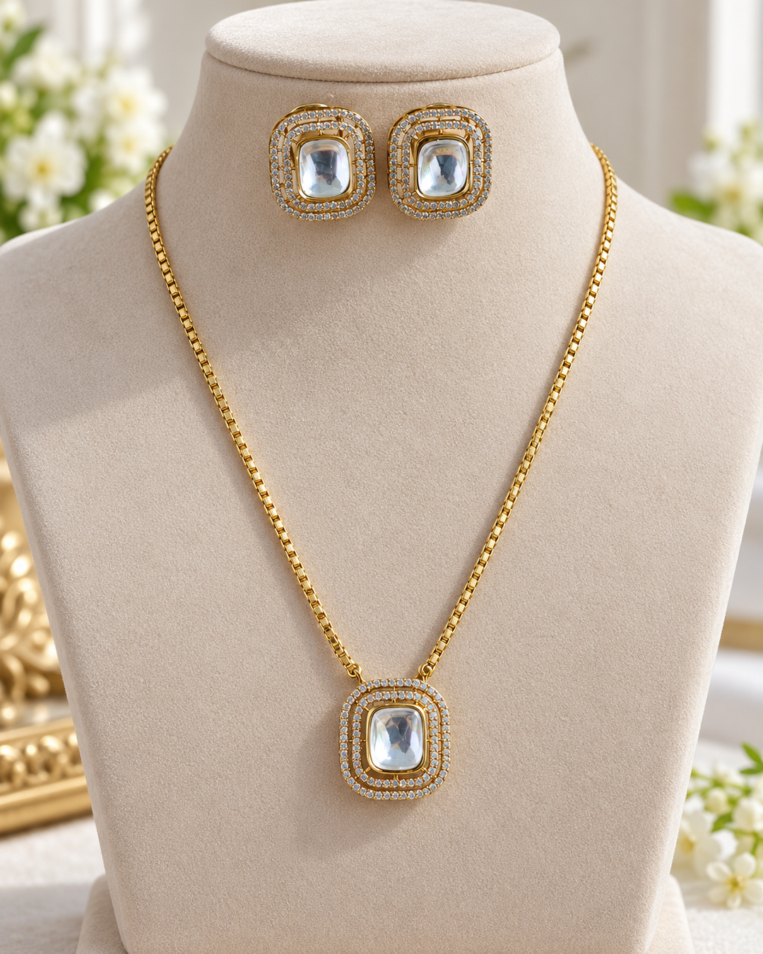 Victorian AD Long Chain with Square Stone Pendant
