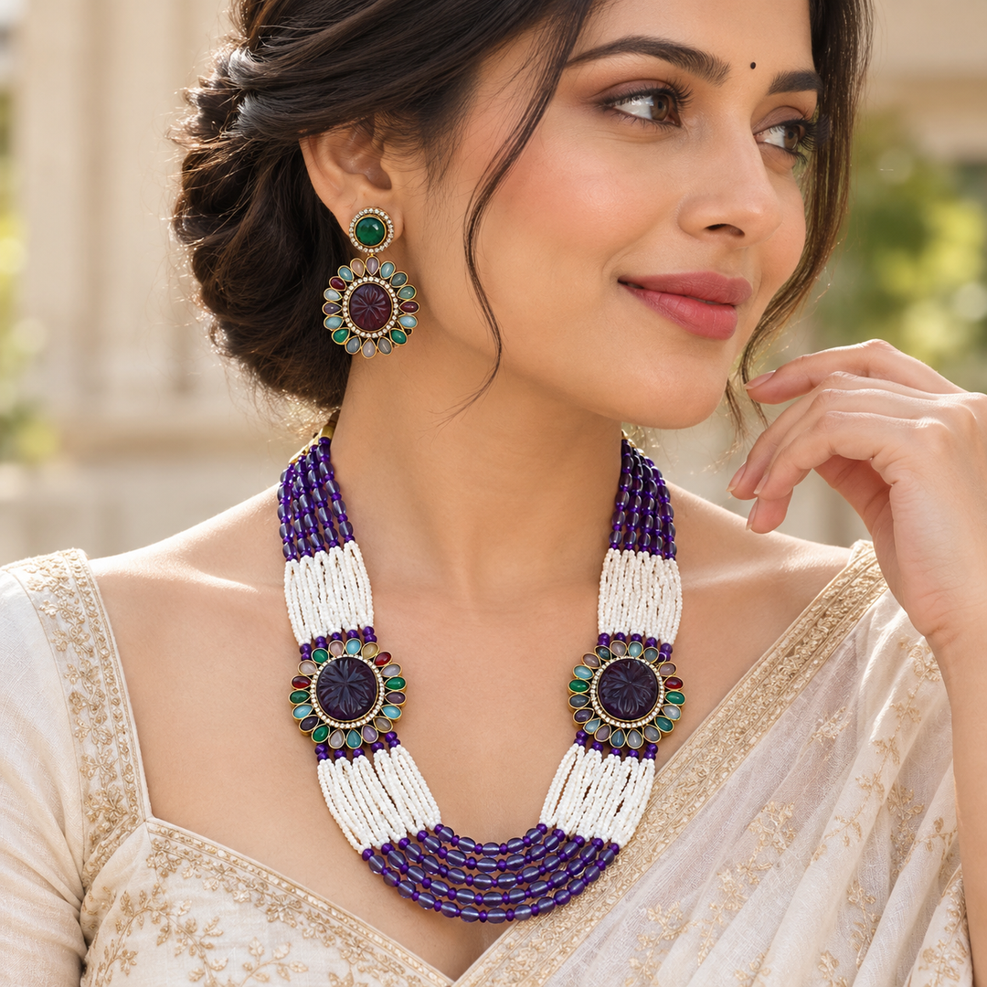 Navaratna Victorian AD Haram with Pearls & Purple Beads