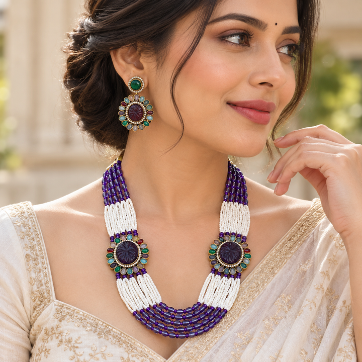 Navaratna Victorian AD Haram with Pearls & Purple Beads