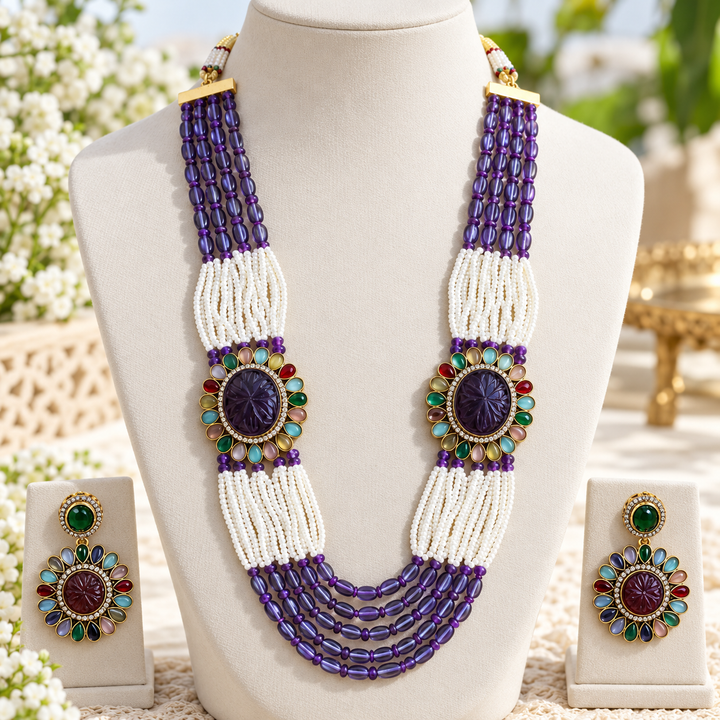 Navaratna Victorian AD Haram with Pearls & Purple Beads