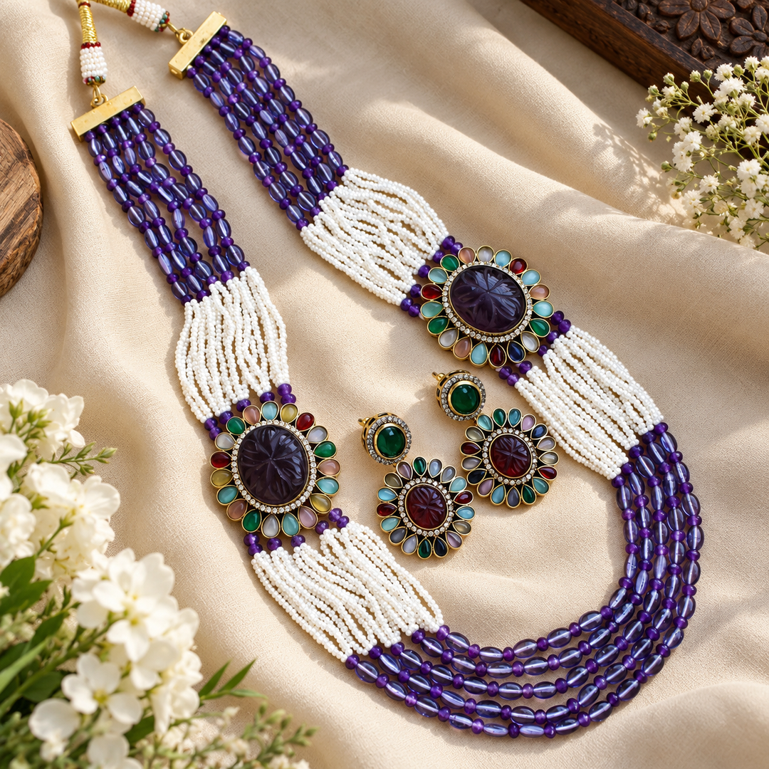 Navaratna Victorian AD Haram with Pearls & Purple Beads