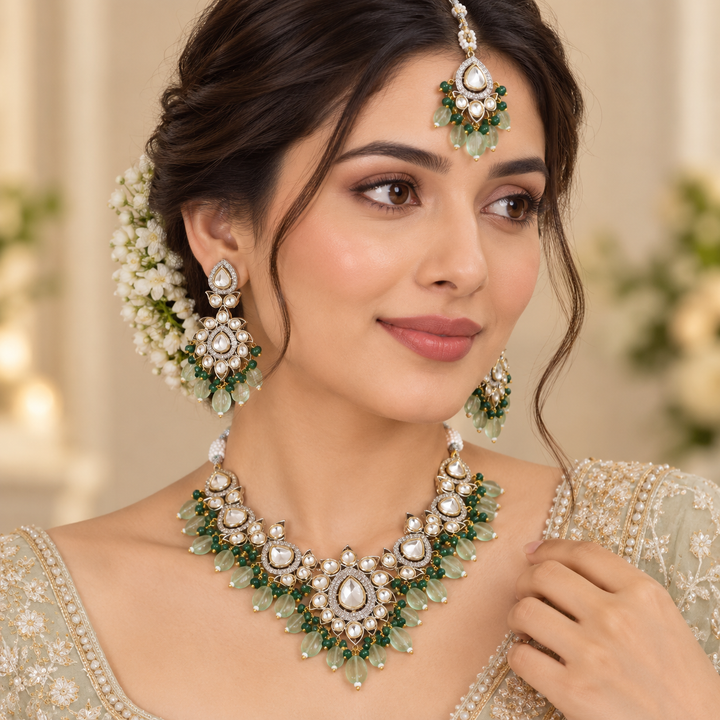 Victorian Kundan Necklace & Tikka Set - Mint Green