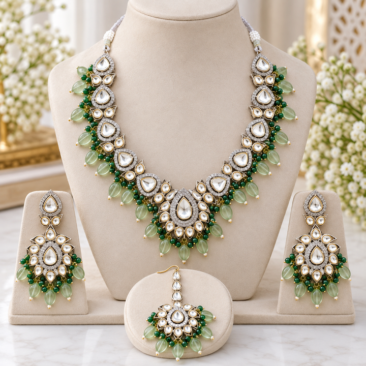 Victorian Kundan Necklace & Tikka Set - Mint Green