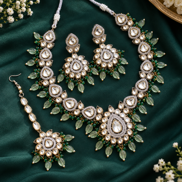 Victorian Kundan Necklace & Tikka Set - Mint Green