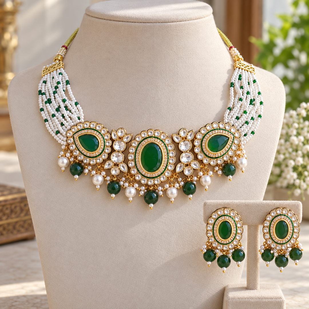 Victorian AD Choker with Pearls & Green Beads